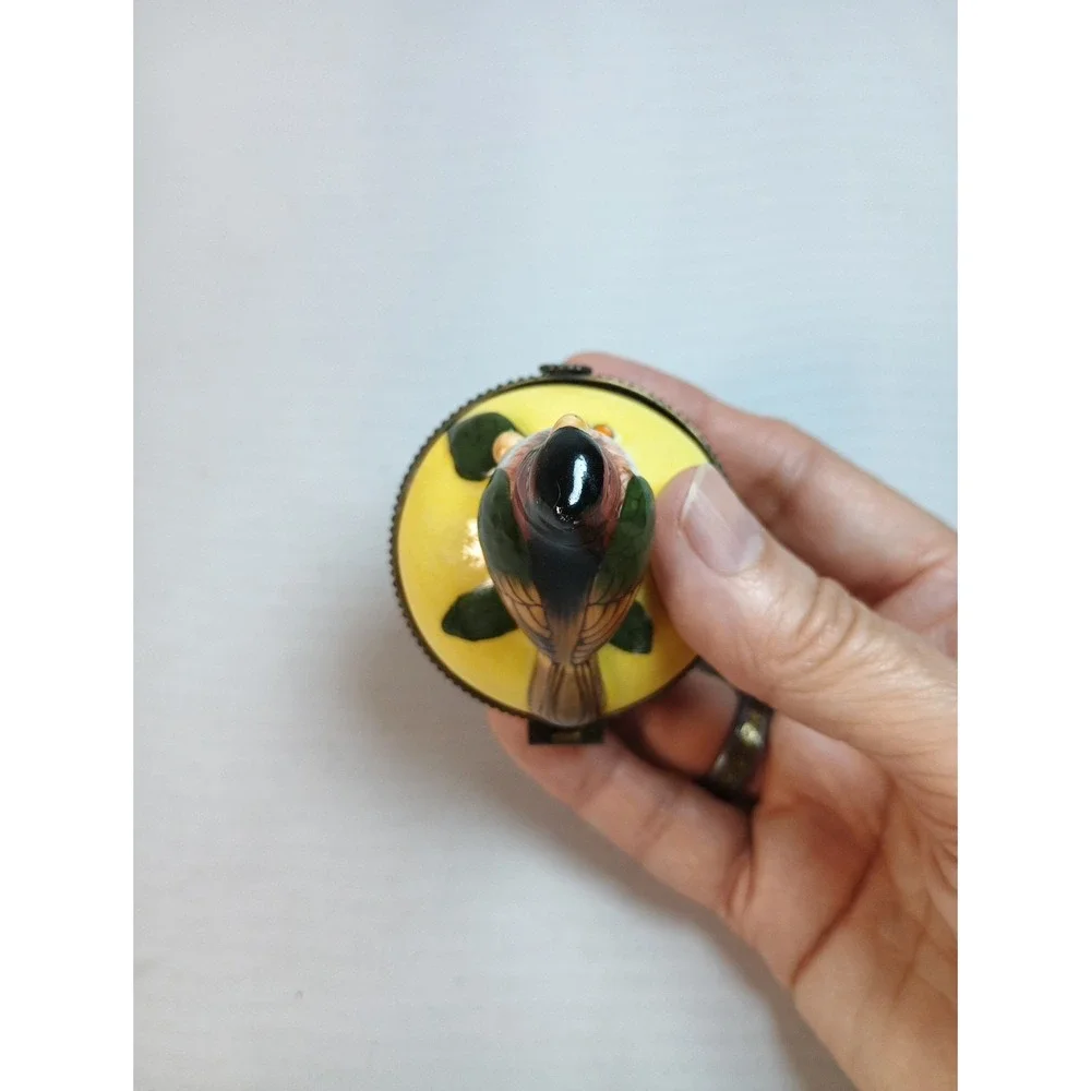 Vintage Porcelain Trinket Box Hand Painted Bird Hinged Pill Box Collectible
